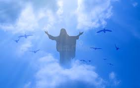 Silhouette of Jesus Christ in the blue sky surrounded by birds